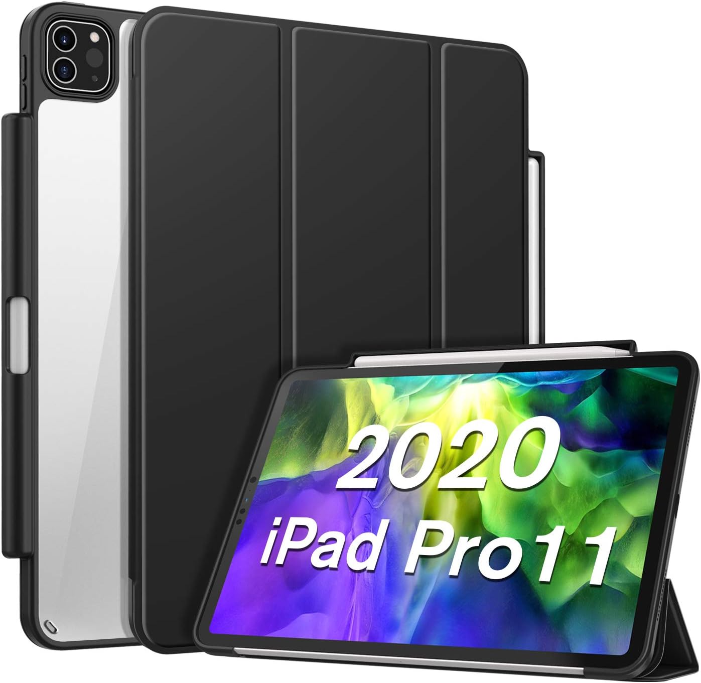 CaseBot Case with Pencil Holder for iPad Pro 11" 2020/2018 [Supports 2nd Gen Pencil Charging] - Slim Transparent Clear Hard Back Cover with Soft TPU Edge, Auto Wake/Sleep, Black