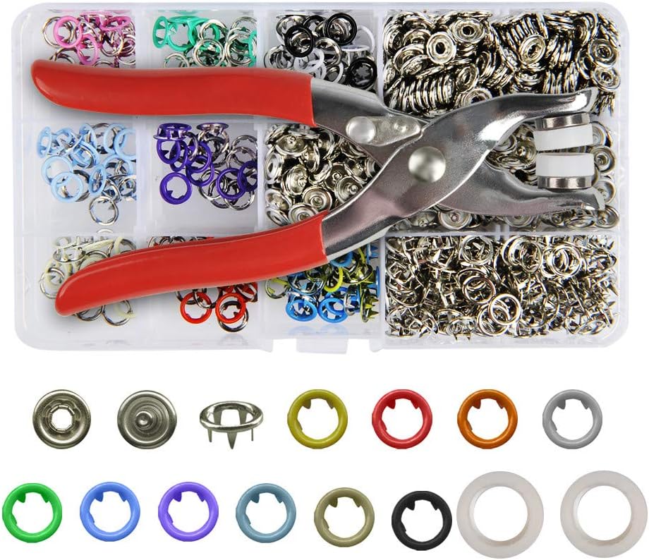 OFNMY 200 Set Grommets Snap Fasteners Kit Leather Rivets Buttons Metal Press Studs 9.5mm 10 Colors Environmentally Metal Prong Ring Button for Leather, Coat, Down Jacket, Jeans Wear Diapers Clothi