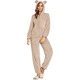 HOTIAN Fleece Onesie Pajamas for Women Fuzzy Sherpa Hooded Romper One Piece Winter Sleepwear Flannel Pajama Jumpsuit