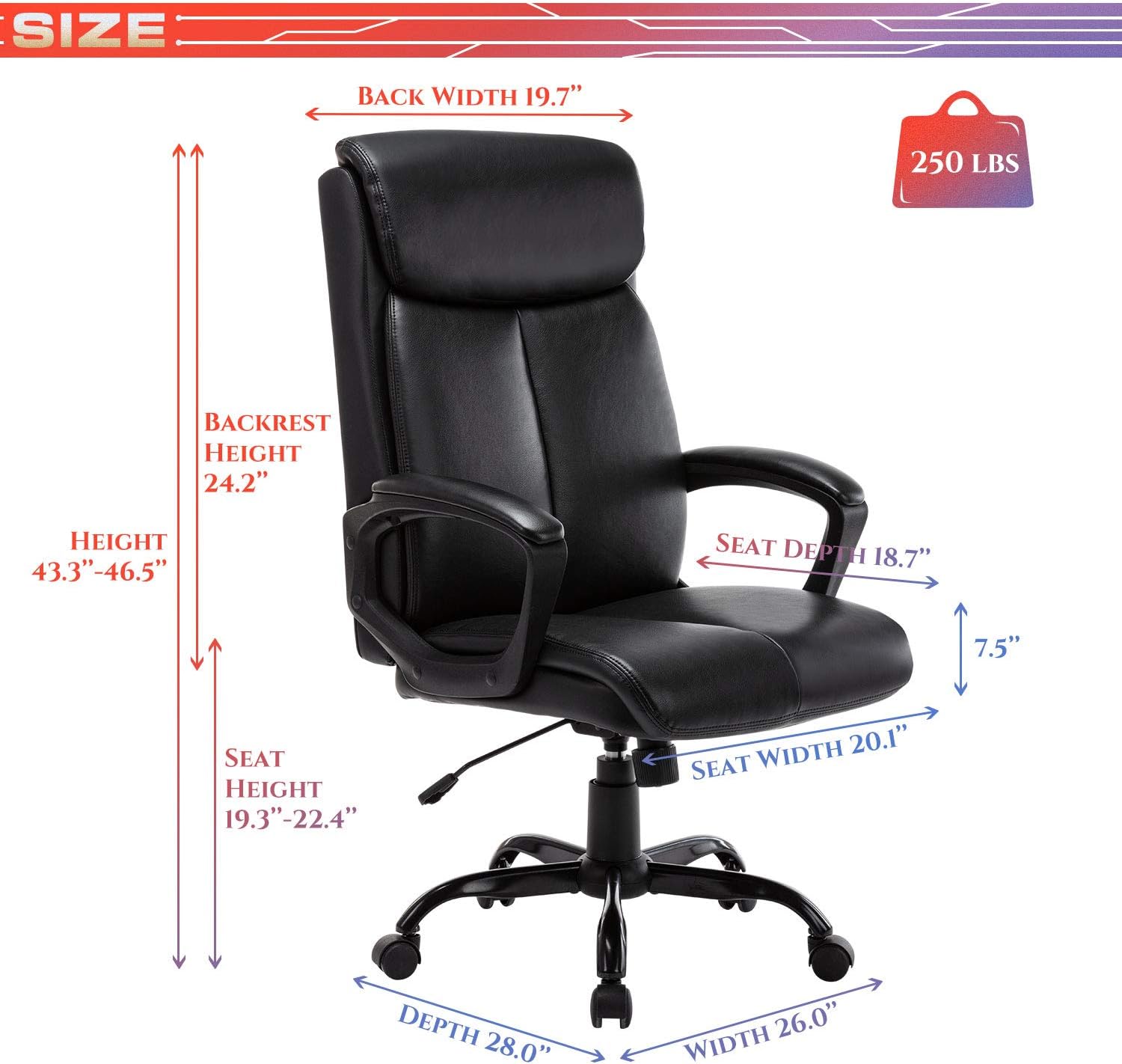 High Back Office Chair - Executive Bonded Leather Computer Desk Swivel Task Chair W/Rocking Function, Black: Kitchen & Dining