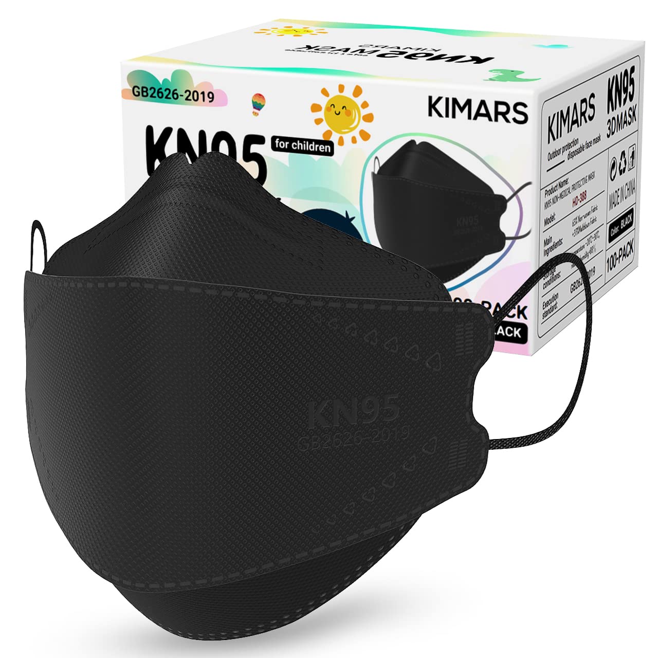 Photo 1 of KIMARS Kids KN95 Face Masks for Children 100 Pack, Breathable Comfortable and Disposable KN95 Mask, Black