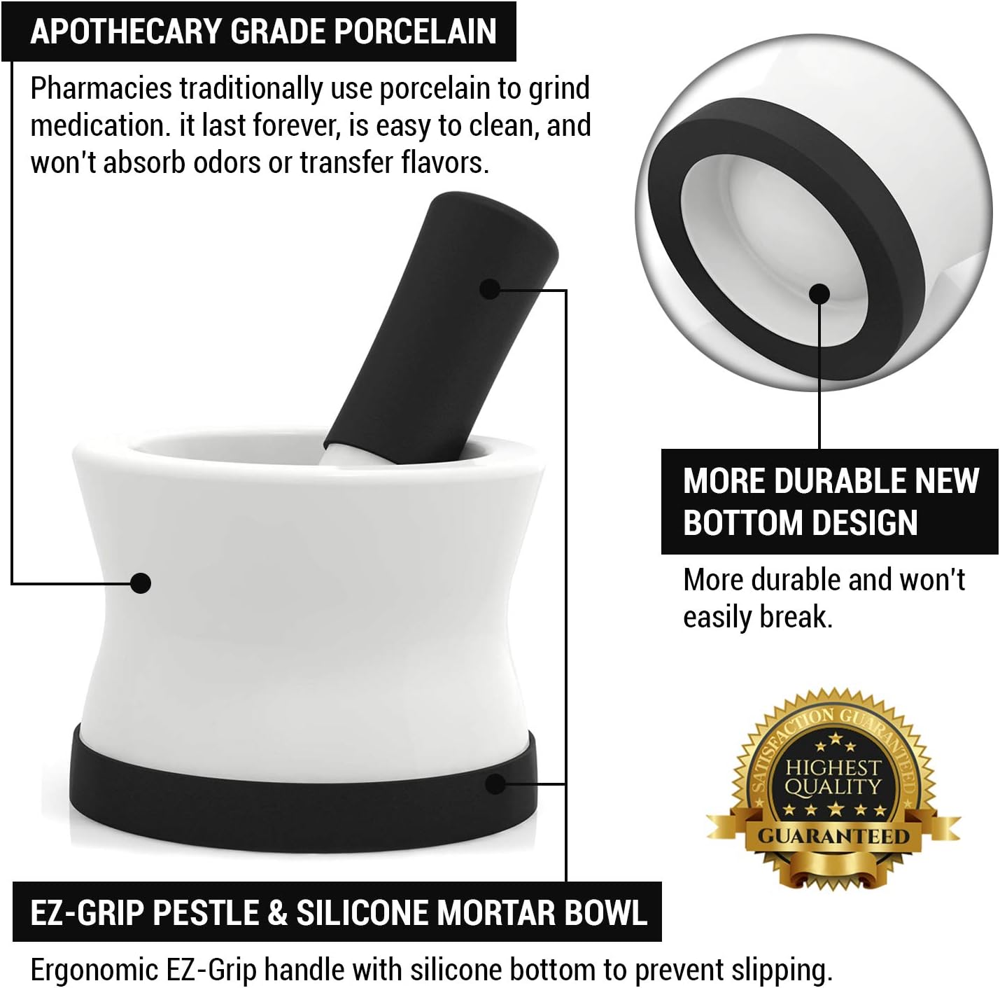 EZ-Grip Silicone & Porcelain Mortar and Pestle With Non-Slip Detachable Silicone Base - NEW DESIGN - Dishwasher Safe by Cooler Kitchen: Kitchen & Dining