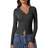 QINSEN Women's Long Sleeve Ribbed Crewneck Shirts Upper Button Fastening Going Out Tops