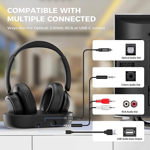 ROSIDA WIRELESS HEADPHONES FOR TV WATCHING, WIRELESS HEADPHONES FOR SENIORS WITH TRANSMITTER CHARGING BASE, BLUETOOTH HEADSETS FOR TV, NO AUDIO DELAY, GIFT FOR THE SENIORS OR PARENTS, BLACK
