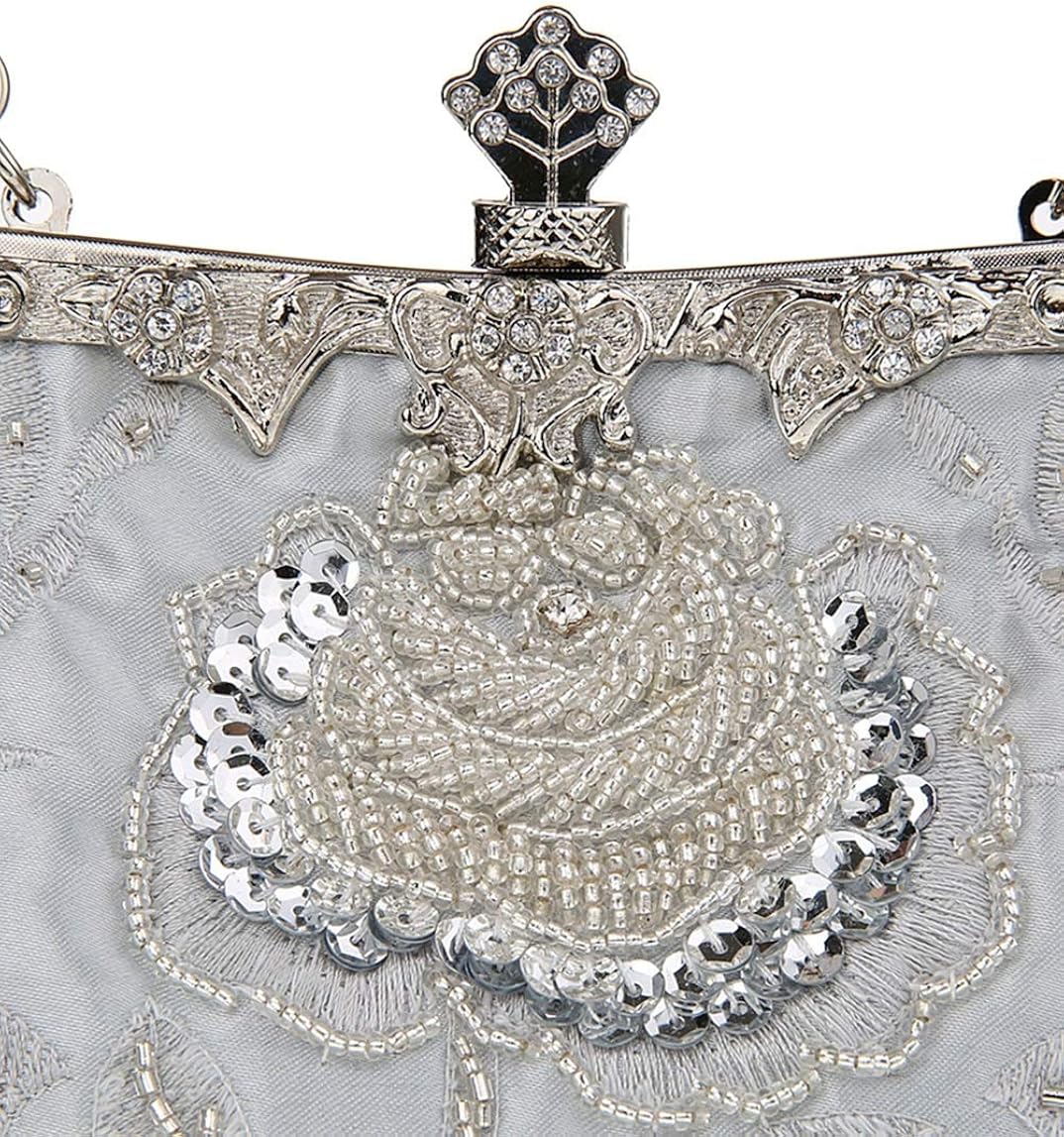 MMYOMI Vintage Floral Beaded Rhinestone Embroidery Clutch Sequin Wedding Party Prom Bag Bridal Ladies Crossbody Evening Handbag (Silver) - Image 5