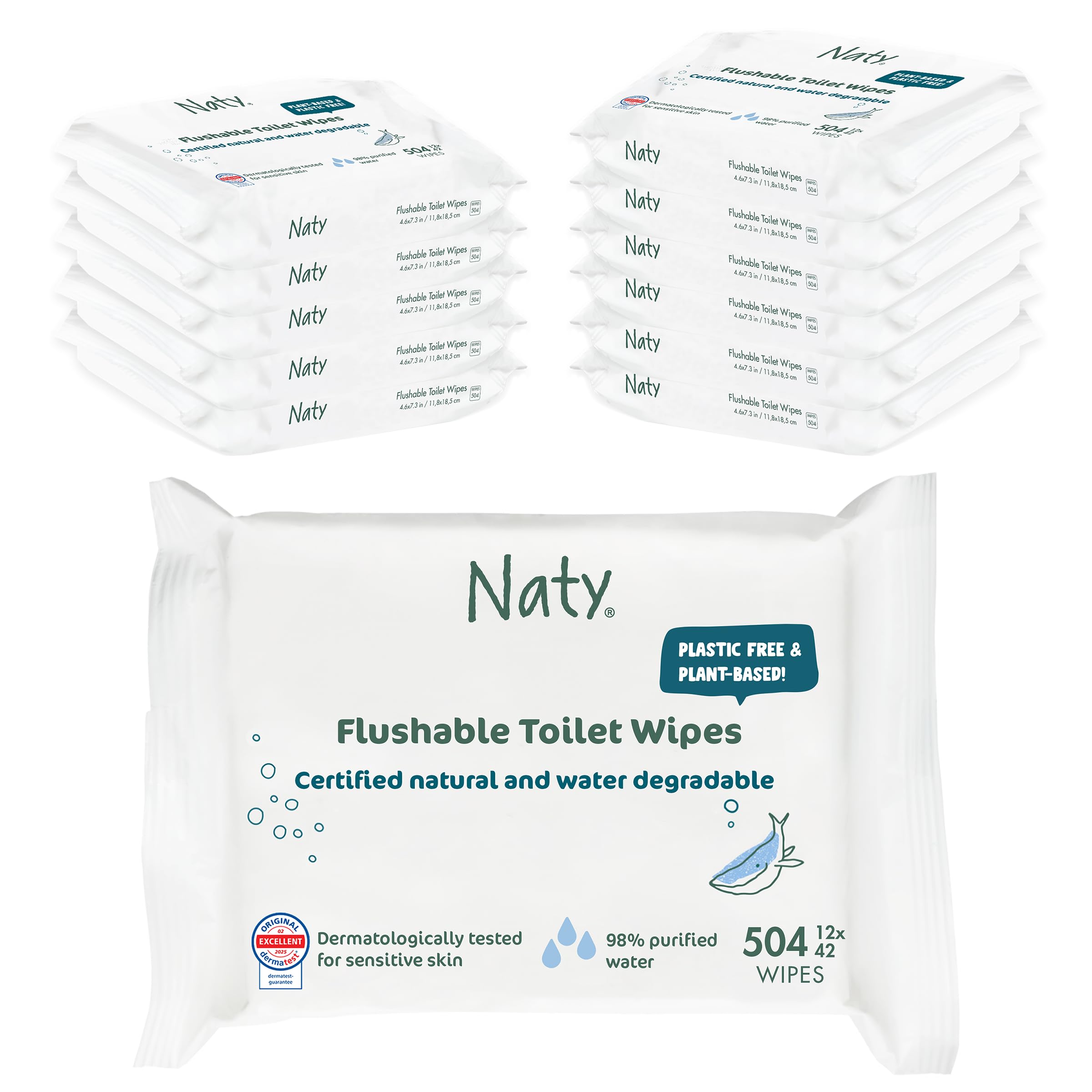 Naty Flushable Baby Wipes | 98% Water & Natural for Sensitive Skin | Unscented, Plant-Based, Fragrance-Free | Plastic-Free & Compostable | Newborn & Toddler Gentle Wet Wipes | 504 Count (12 Packs)