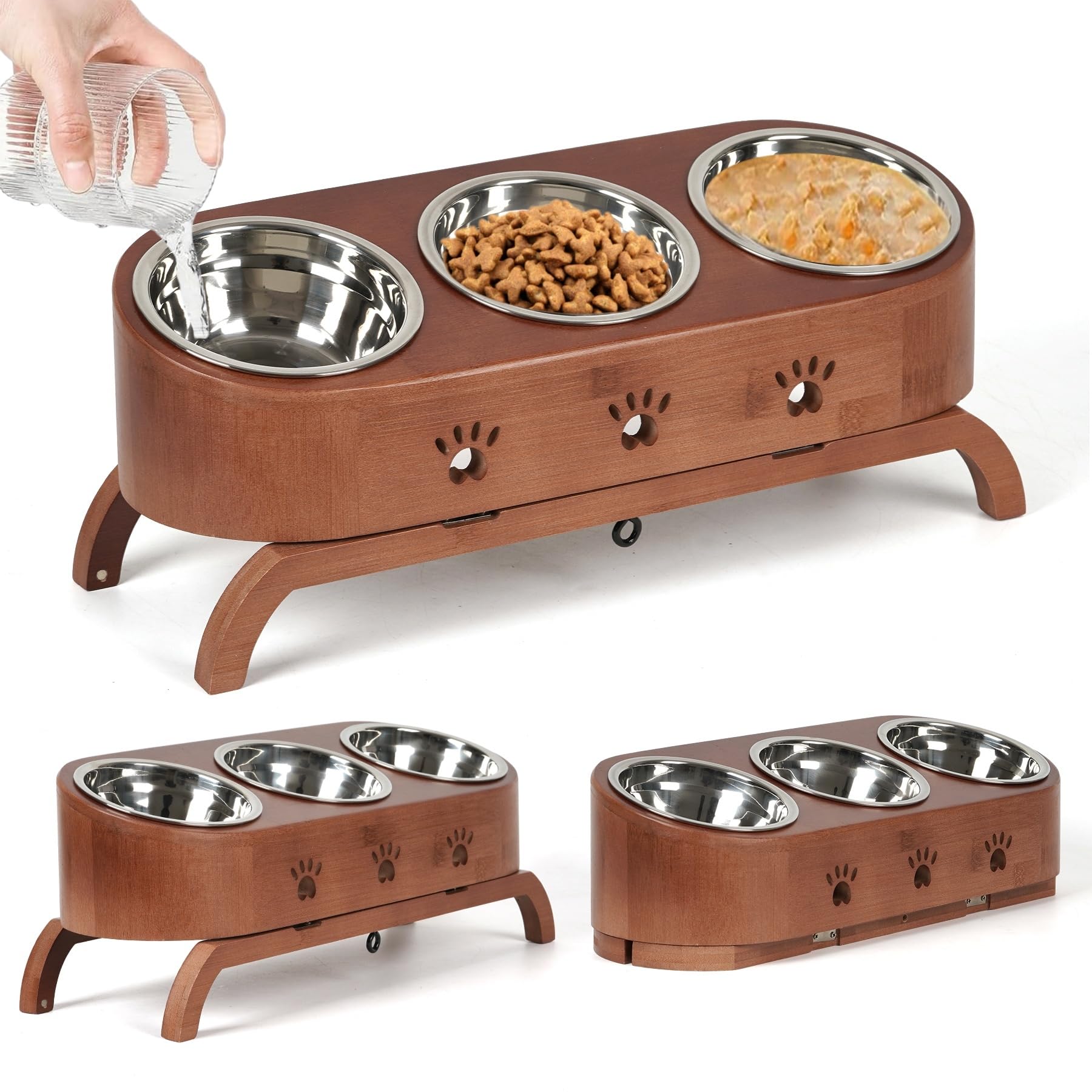 JAZUIHA Raised Cat Bowl, Set of 3, Ergonomic Feeding Bowl, 15° Tilt, Height Adjustable with Wooden Stand, Stainless Steel Bowls, Diameter 12 cm, for Cats and Puppies