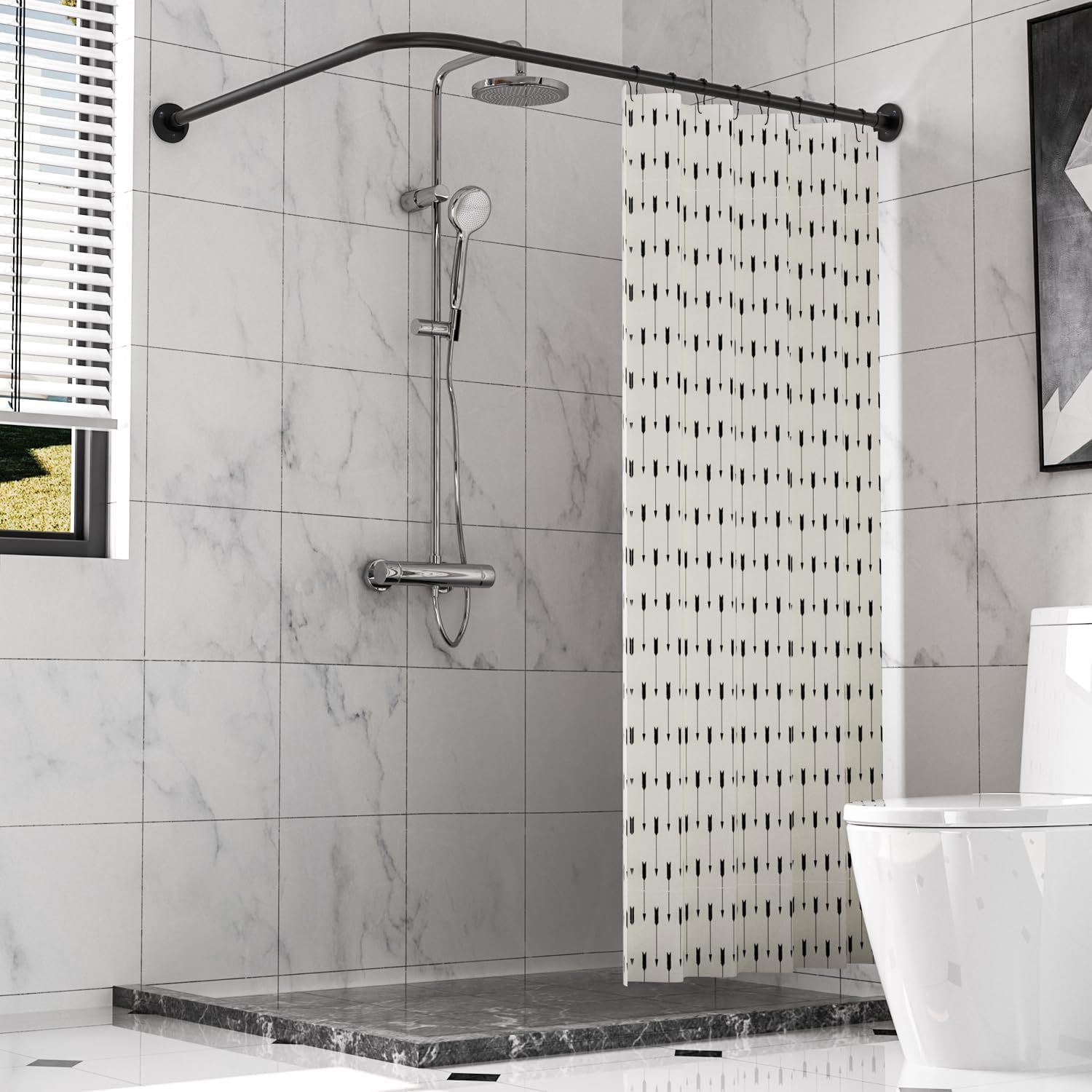 Sikaiqi Stretchable 304 Stainless L Shaped Bathroom Bathtub Corner Shower Curtain rail Rack (Black 90-130 cm x 90-130 cm) — image 1