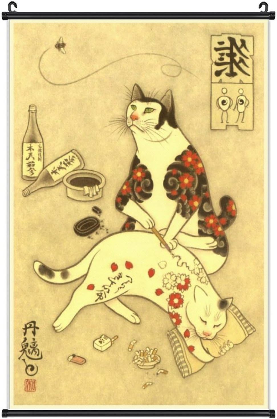 Paintings - A Wide Variety of Vintage Retro Japanese Samurai Cat Tattoo 13 Wall Scroll Hanging Decor（16x24 in）
