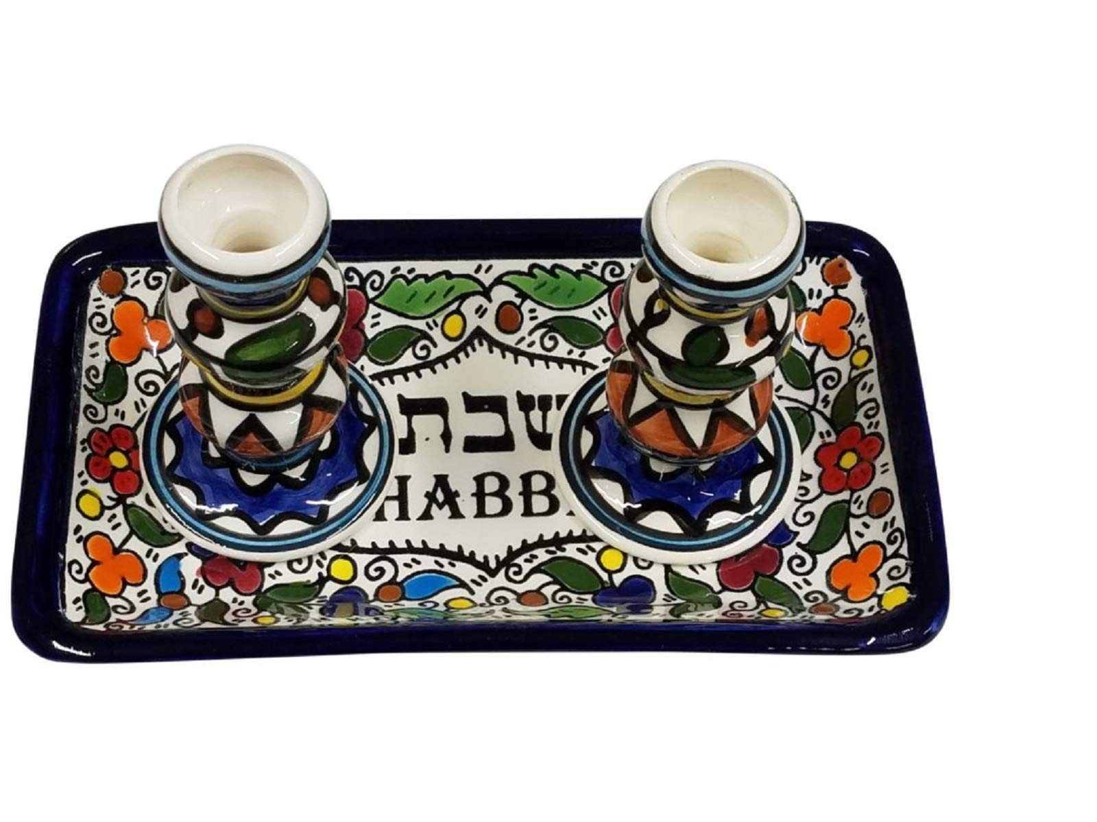 Bethlehem Gifts TM Shabbat Candlesticks, Jewish Candlesticks for Shabbath Armenian Ceramics Flowers Design