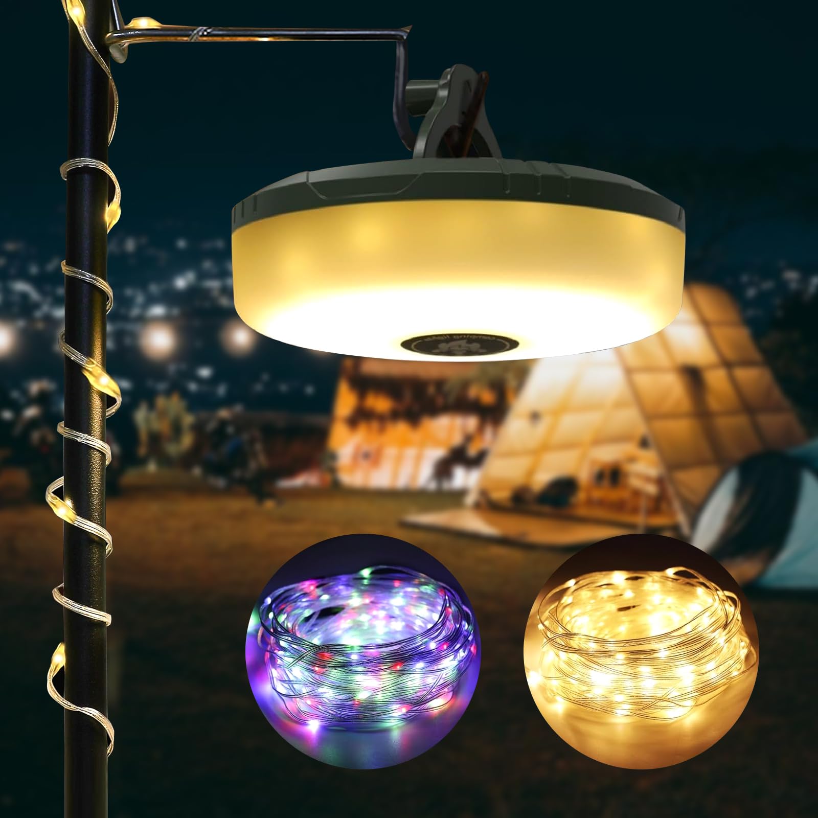 Camping String Lights with 5 Lighting Modes, 10m Waterproof Outdoor Stowable String Lights with RGB Colorful & Warm White Light, USB Rechargeable Portable Camping Lantern for Tent Hiking Travel