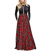 MEROKEETY Women's Long Sleeve Plaid Empire Waist Full Length Maxi Dress with Pockets