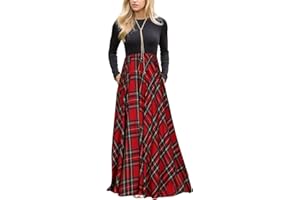 MEROKEETY Women's Long Sleeve Plaid Empire Waist Full Length Maxi Dress with Pockets