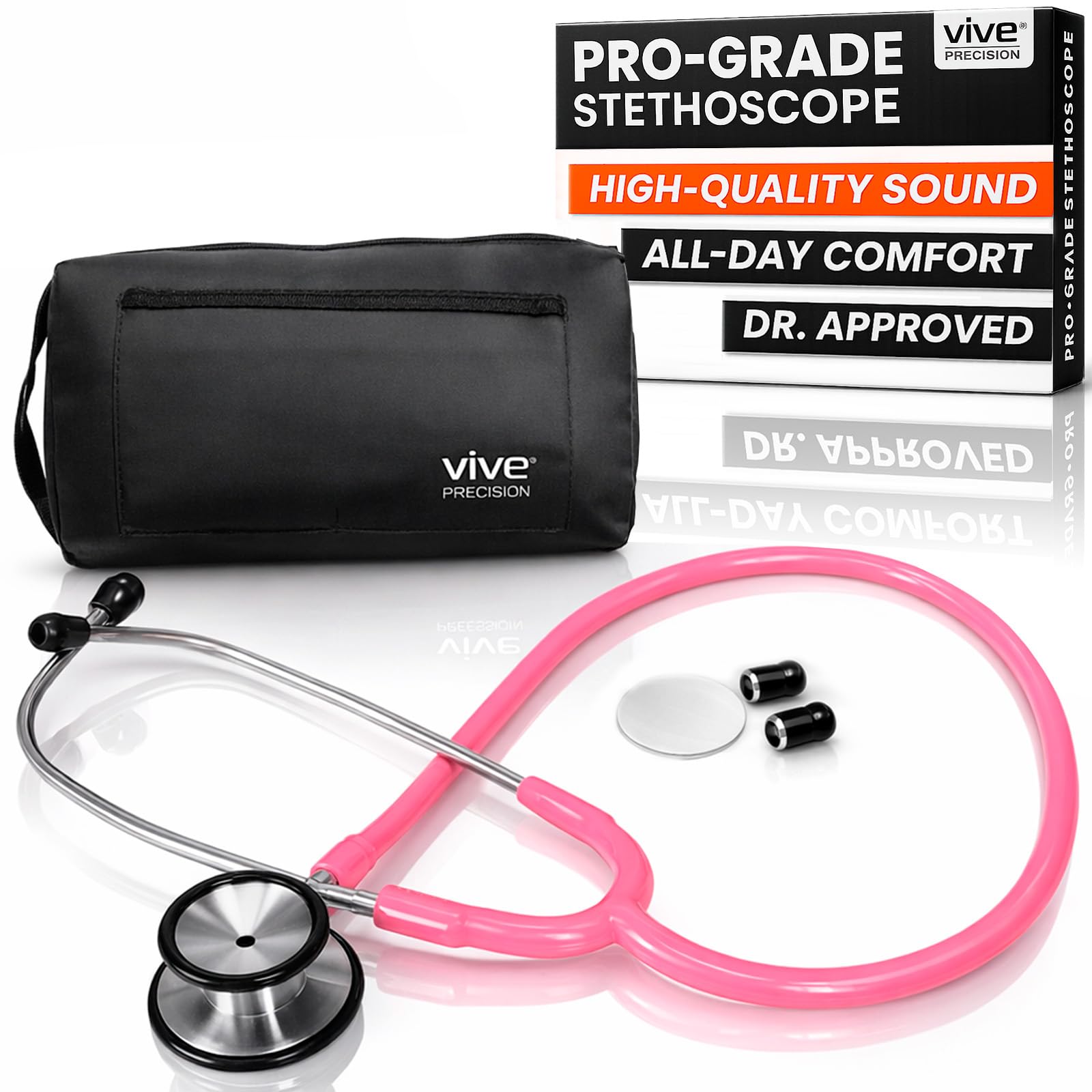 Vive Precision Dualhead Stethoscope - Dual Head Diaphragm Bell for Nurses, ER, Cardiology, Veterinary (Pink)