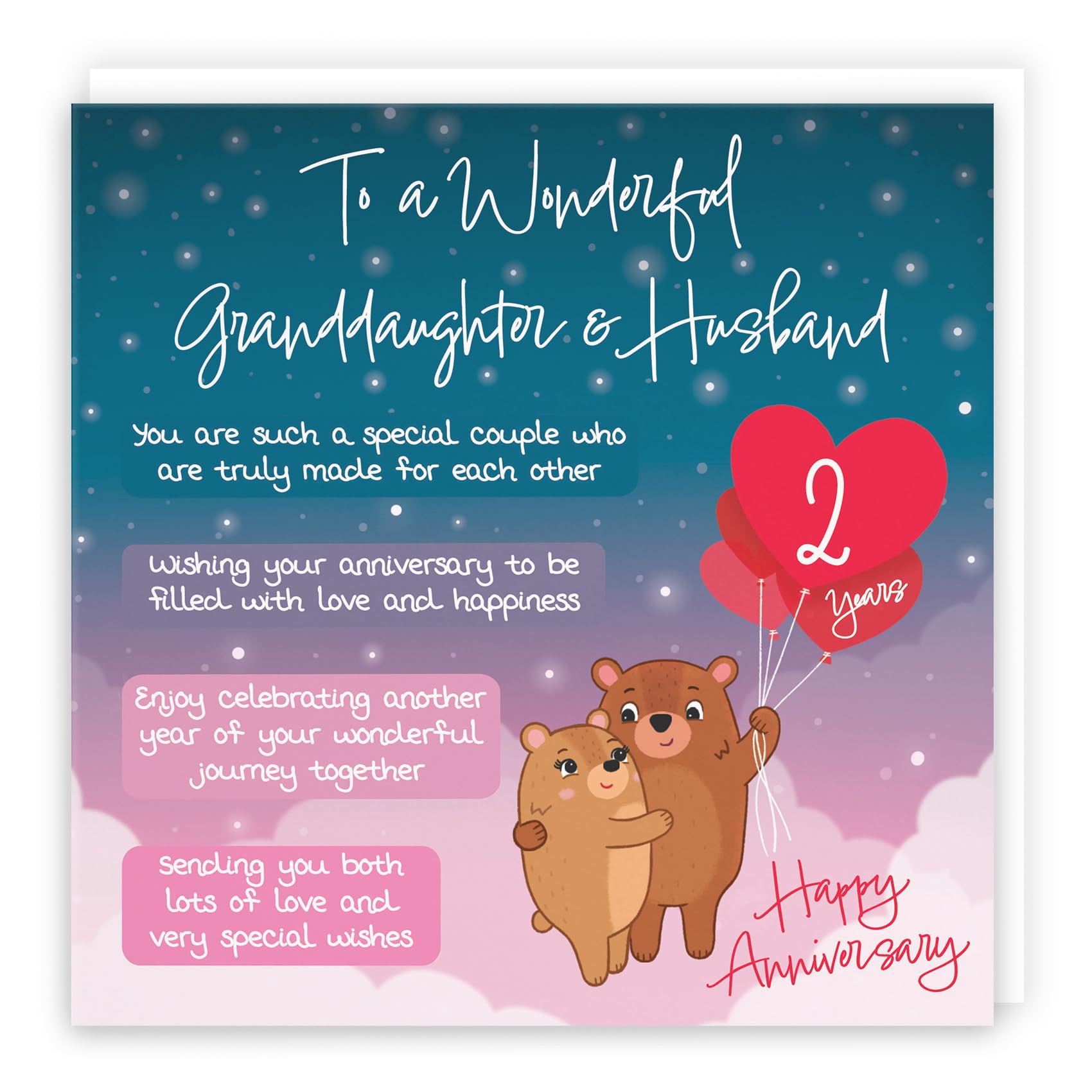 Hunts England - Granddaughter And Husband 2nd Anniversary Card - Starry Night - Cute Bears - Verse 2nd Anniversary Card For Granddaughter And Husband - Cute Poem Anniversary Card