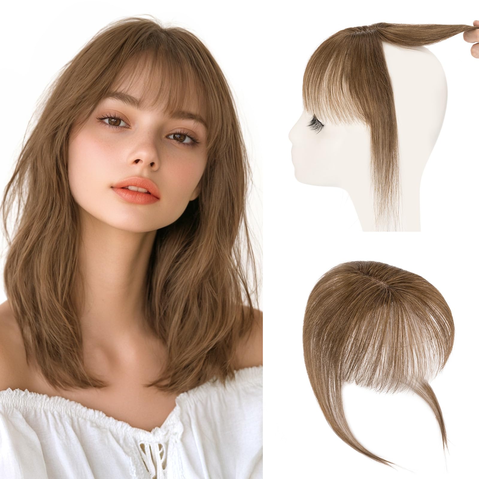 Photo 1 of Hairro Bangs Hair Clip 3D 360°Cover Clip On Bangs Remy Human Hair Topper With Bangs Fringe French Bangs With Temples Clip In Bangs Hair Extensions 8 Inches 10g #04 Medium Brown