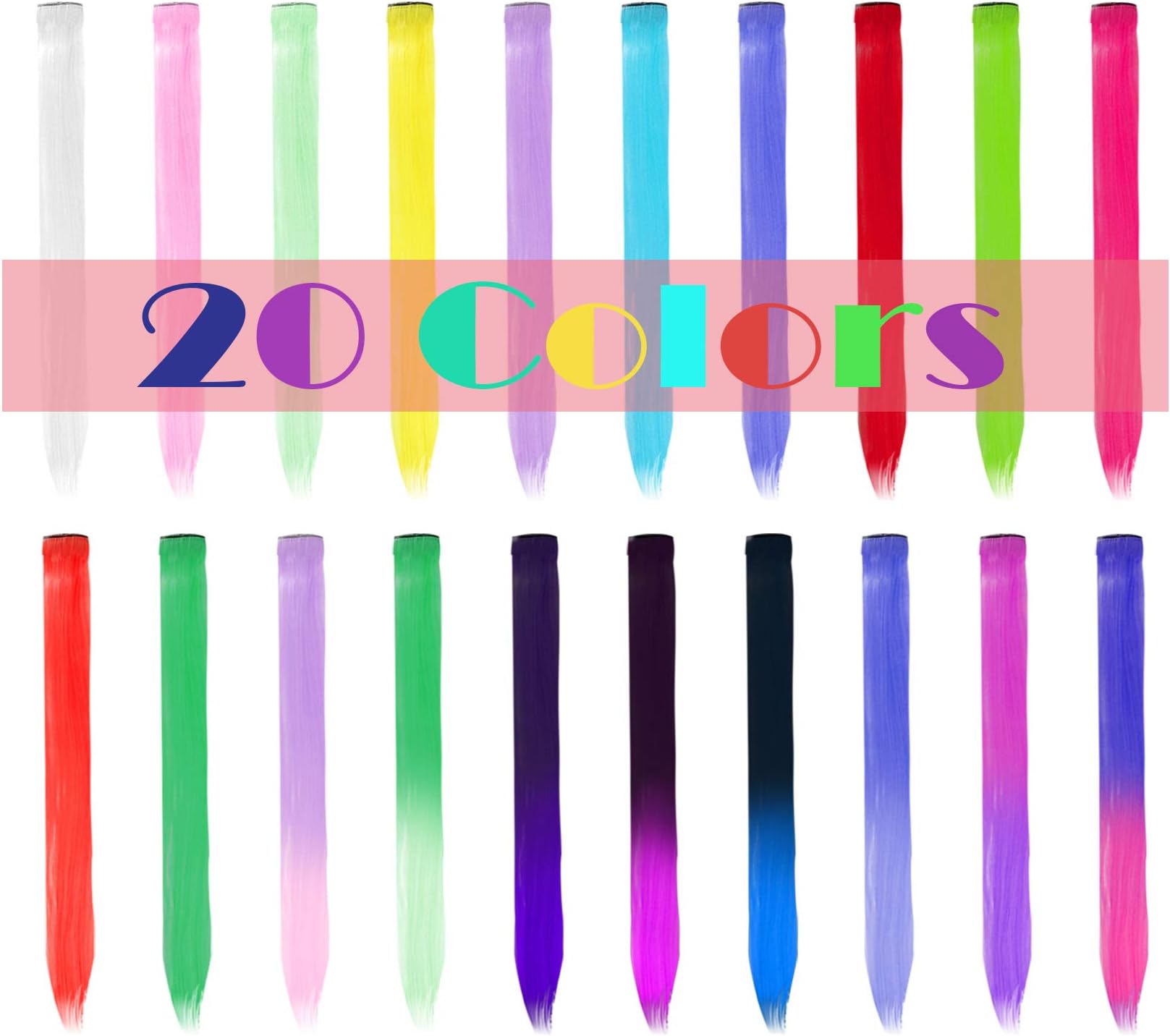 Colorful Hair Party Highlight Multicolor Synthetic Rainbow Hairpiece Hair Extension for Kids Girls Women 22 Inch (Straight 20 Pcs)