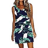 AUSELILY Womens Summer Sleeveless V-Neck Drawstring Waist Beach Cover up Mini Short Swing Dresses with Pockets