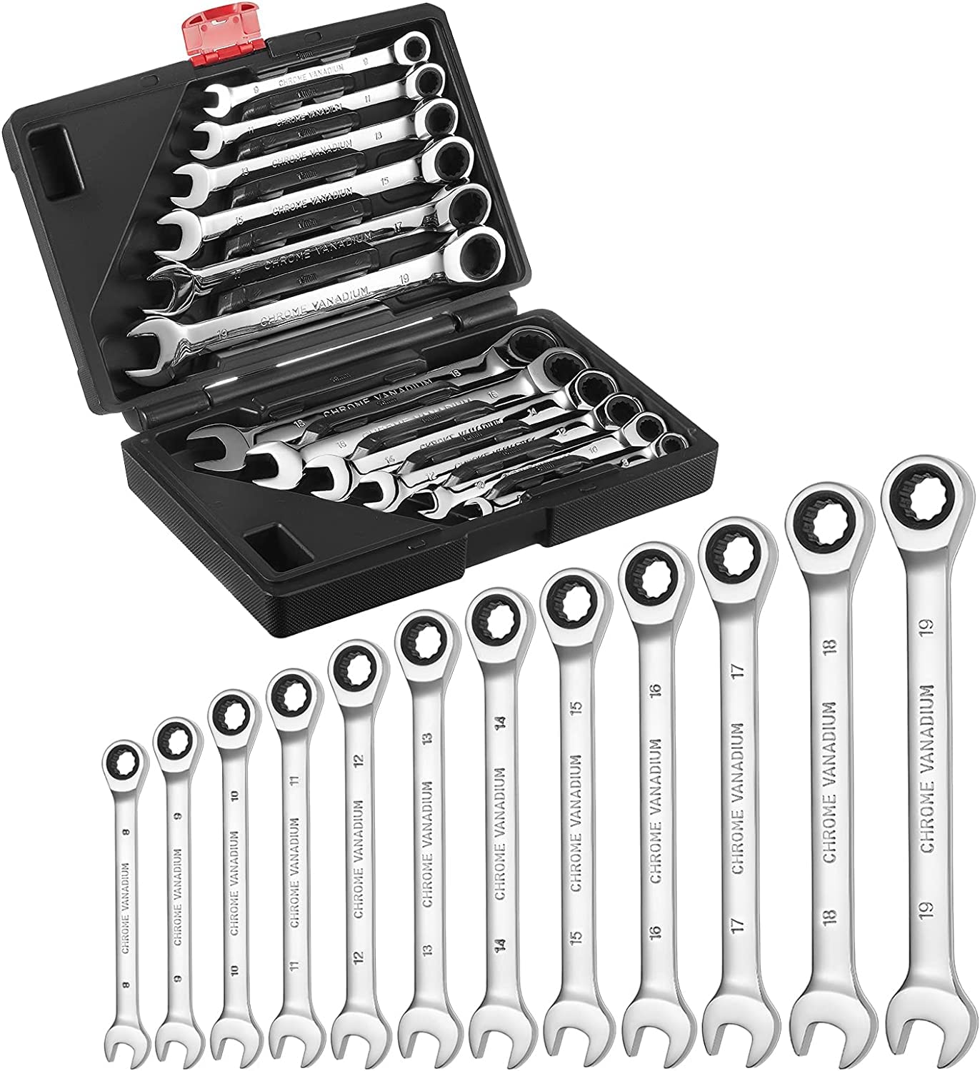 LIFERUN Ratchet Spanner Set, 12 Pieces Combination Wrench Set, 72 Tooth Ratchet Gear, 8-19mm Metric Spanner Set with Carrying Case, Chrome Vanadium Steel