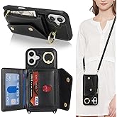 Lipvina for iPhone 16 Case with Card Holder and Strap - Zipper Pocket,Crossbody Lanyard Strap,Credit Card Holder,Stand Ring,Cute Phone Wallet Case for Women(Black,6.1 Inch)