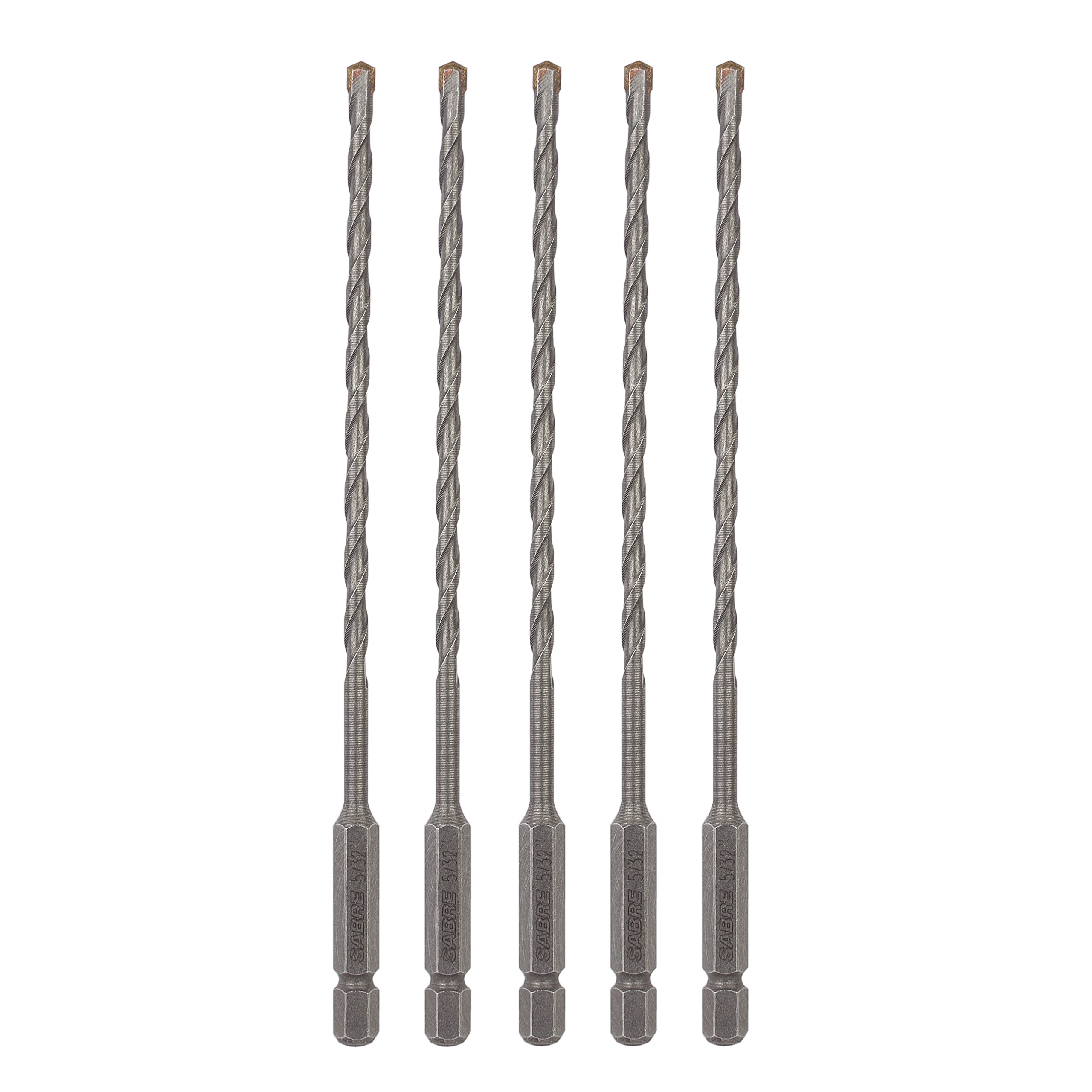 Sabre Tools 5/32 Inch x 6 Inch Masonry Drill Bit, Carbide Tipped 5-Pack for Concrete, Brick, Stone, 1/4” Hex Shank, Impact Performance (5/32" x 6", 5)