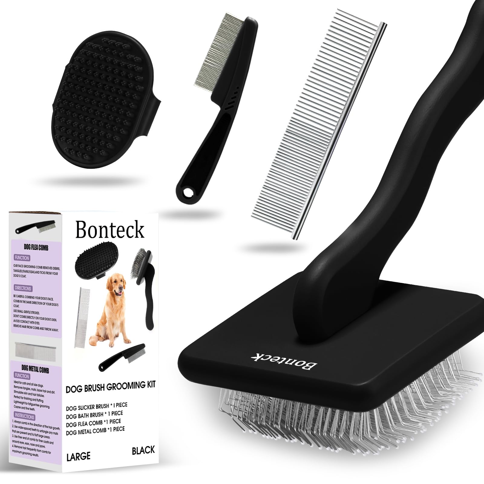 Photo 1 of Bonteck Dog Slicker Brush for Dogs Grooming Kit 4PCS | Large Dog Brush for Goldendoodles Poodles Doodles | Long Pin Haired Brush | Poodle Brushes and Comb (Black)