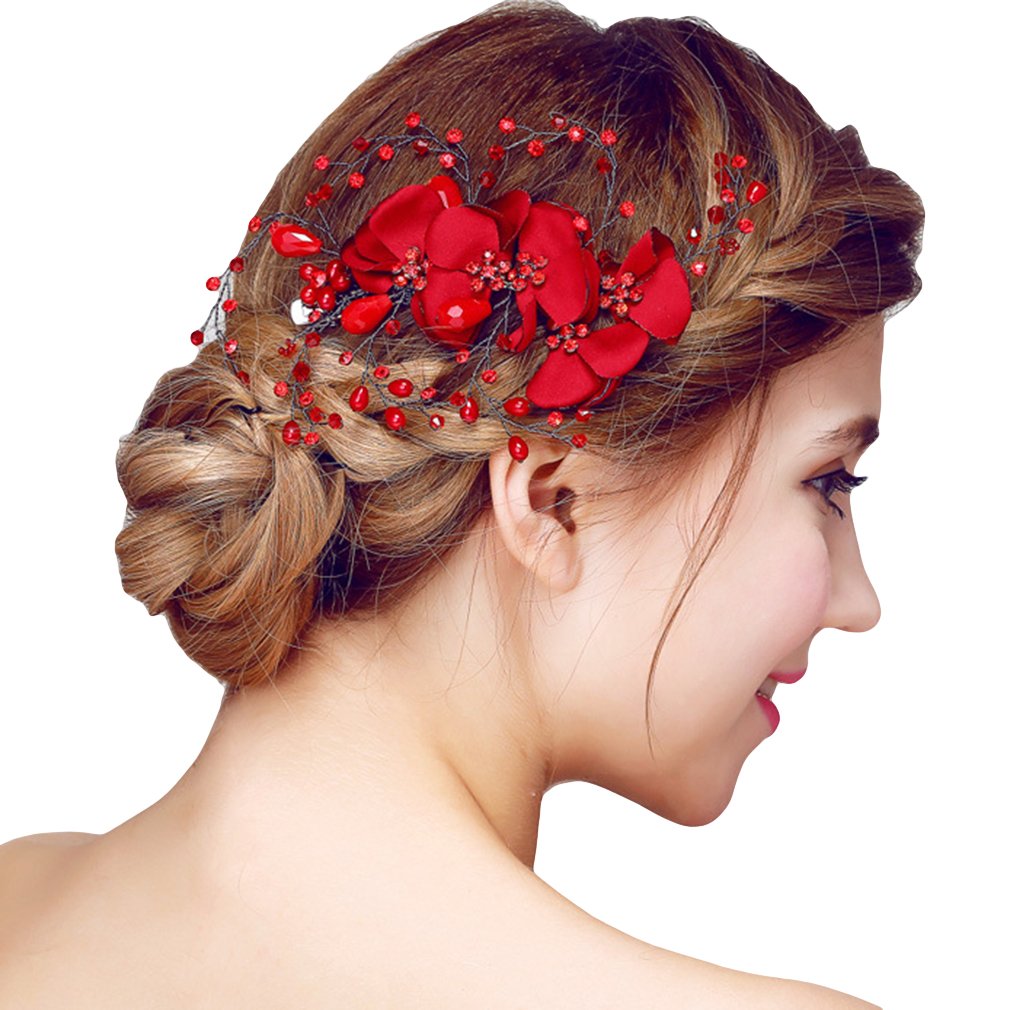 YAZILIND Tocado Nupcial Clip de Pelo Flores de Bolas de Color Rojo