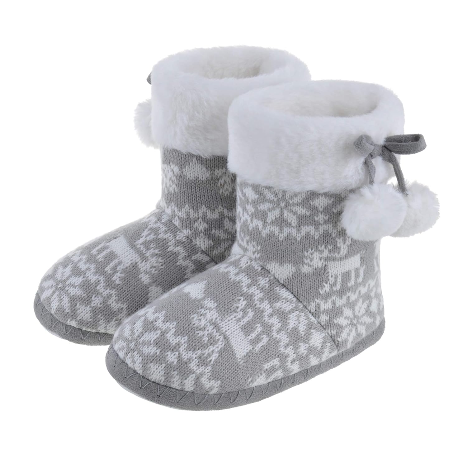 Girls Knit Slippers Boots Fuzzy Faux Fur Foam House Booties Pom Pom