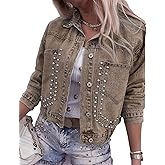 Kwoki Women's Studded Denim Jacket Casual Long Sleeve Western Distressed Rivet Cropped Jean Coat