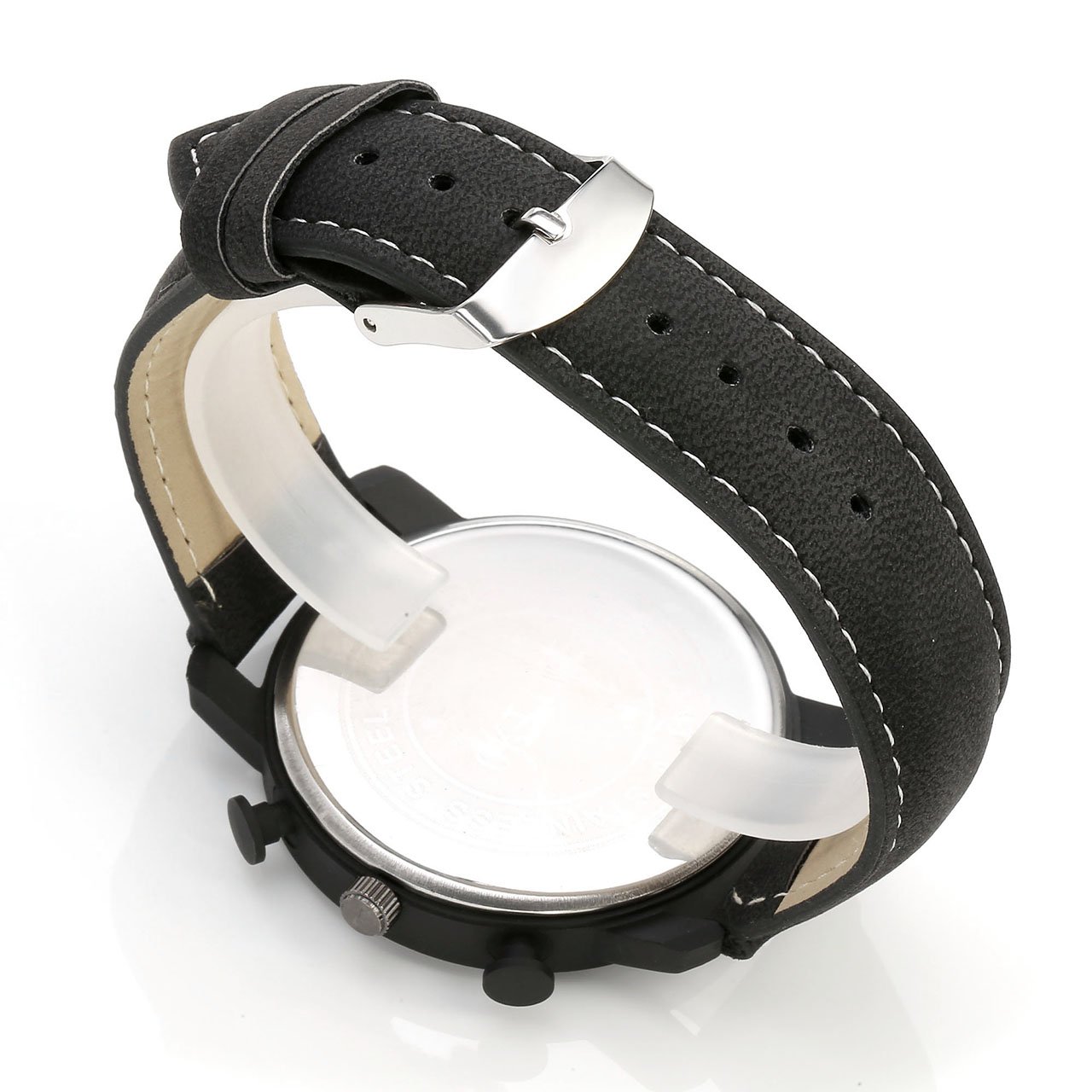 JSDDE Uhren,Sport Armbanduhr DREI unecht Chronograph 3ATM Wasserdicht Kalender Analog Quarz Uhr Echtleder Armband,schwarz