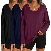 Sweetyweee 3 Pack Women's Oversize Tops, Long Sleeve Cotton Shirts V Neck Basic Unfinished Edge Tees Casual Loose Fall Tops