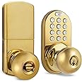 MiLocks TKK-02P Digital Door Knob Handle Lock with Electronic Keypad - Keyless Entry Smart Door Lock with Adjustable Latch Locks, Audible Tones for Interior Front Doors & More, Polished Brass