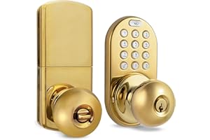 MiLocks TKK-02P Digital Door Knob Handle Lock with Electronic Keypad - Keyless Entry Smart Door Lock with Adjustable Latch Locks, Audible Tones for Interior Front Doors & More, Polished Brass