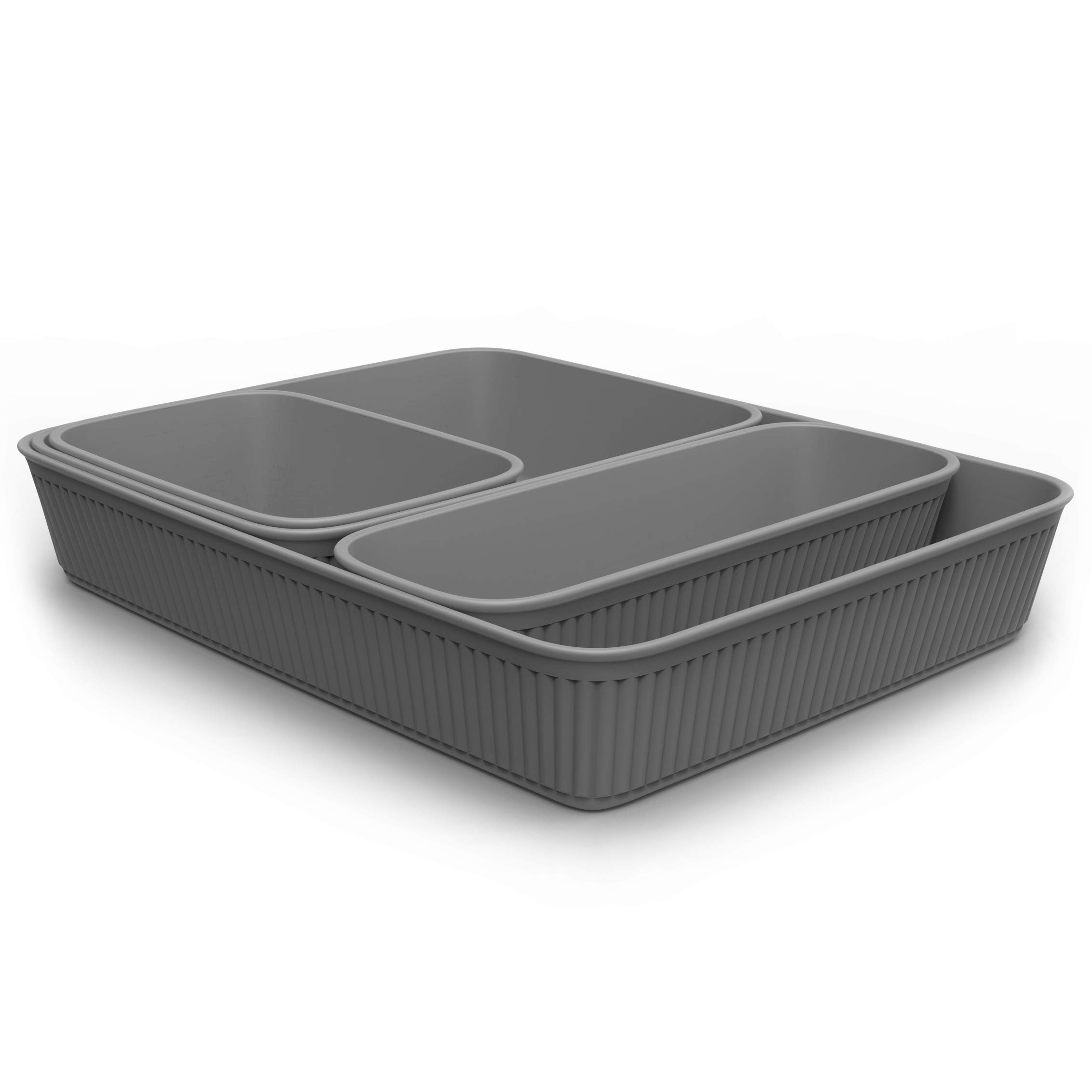 TATAY Plastic Storage Baskets Baobab | Set of 4: A6 + A5 + A4 + Slim | Drawer Organisers | Elegant Functional Design | Home & Office Organisation | Recycled BPA-Free Plastic, Grey