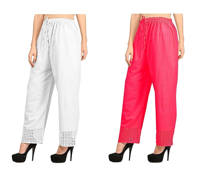 Women's Cotton Palazzo Designer Plain Casual Wear Palazzo for Women/Girl Combo Cotton Palazzo Color-White_Pink