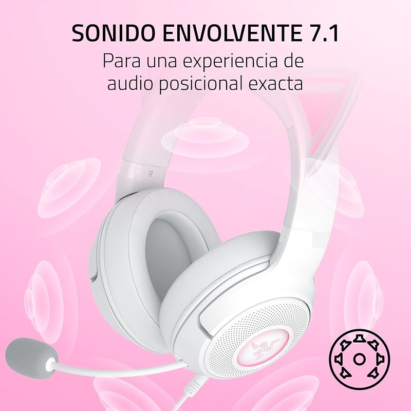 Kraken Kitty V2 - Auriculares RGB con Cable y Kitty Ears para Juegos y Streaming (325 g, transductores Triforce de 40 mm, micrófono cardioide HyperClear, Sonido Envolvente) Blanco