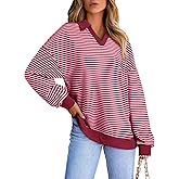 AlvaQ Womens Oversized Sweatshirts Casual Striped Long Sleeve Shirts Color Block Lapel V Neck Drop Shoulder Loose Tunic Tops