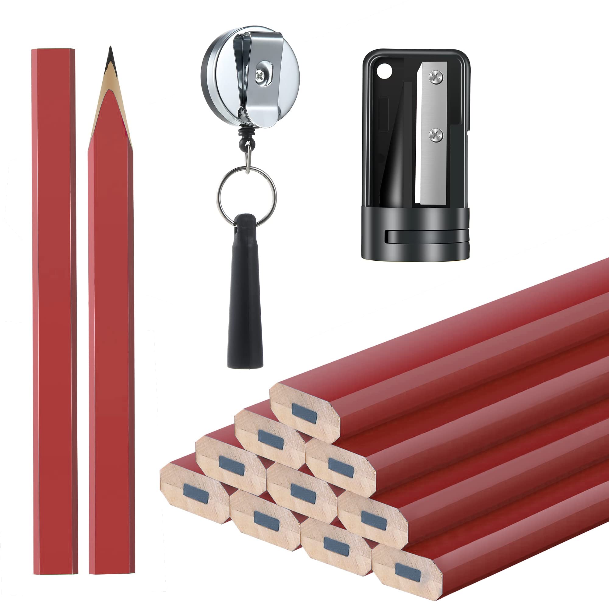 WANGCL 12 Pieces 7 Inches Carpenter Marking Pencils with Pencil Sharpener and Silicone Heavy Duty Retractable Pen Holder for Woodworking Marking Tool（Red）