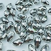 Honkoolly 200pcs 4x6mm Teardrop Crystal Glass Beads Vertical Hole Faceted Glass Teardrop Spacer Beads for Bracelets Necklace Earring DIY Jewelry Making Craft(Silver)