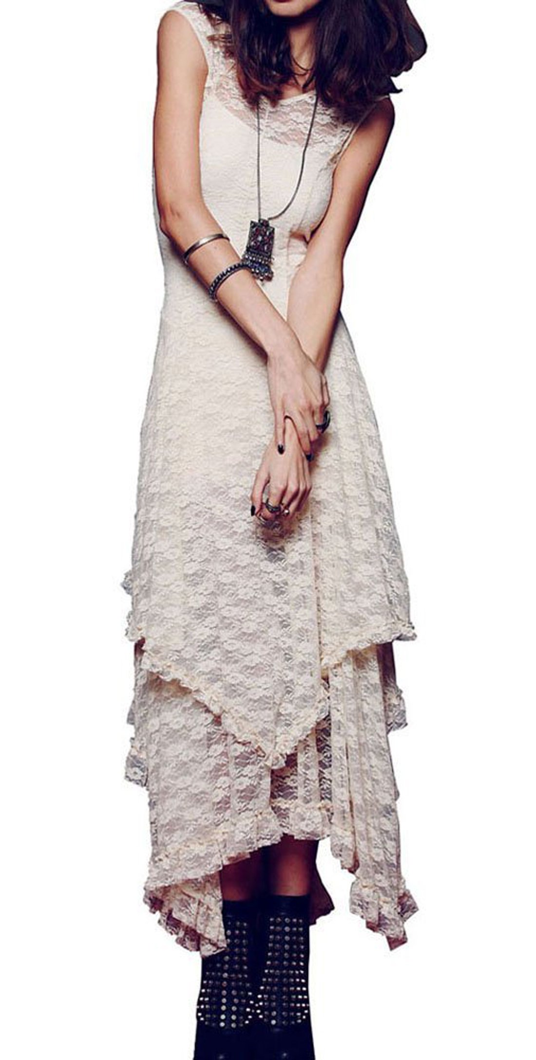 Photo 1 of R.Vivimos Womens Sleeveless Backless Asymmetrical Layered Lace Long Dress with Slip Two Pieces (XL, Beige)