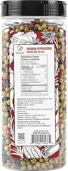 SOEOS RAINBOW PEPPERCORNS, 8OZ (PACK OF 1), NON-GMO, KOSHER, PACKED TO KEEP PEPPERS FRESH, PEPPERCORN FOR GRINDER REFILL, WHOLE PEPPERCORNS
