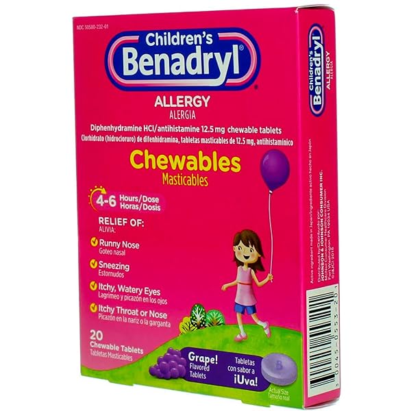 BENADRYL CHILDREN’S ALLERGY MEDICINE CHEWABLES WITH DIPHENHYDRAMINE HCL, CHEWABLE KIDS’ ANTIHISTAMINE TABLETS FOR RELIEF OF ALLERGY SYMPTOMS LIKE SNEEZING & ITCHY EYES, GRAPE FLAVOR, 20 CT