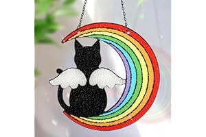 Huray Rayho Angel Cat Memorial Stained Glass Bridge of Rainbow Sun Catcher Gift for Kitty Lover Pet Lost Double Side Glass Panel Window Hanging Decor Set of 1