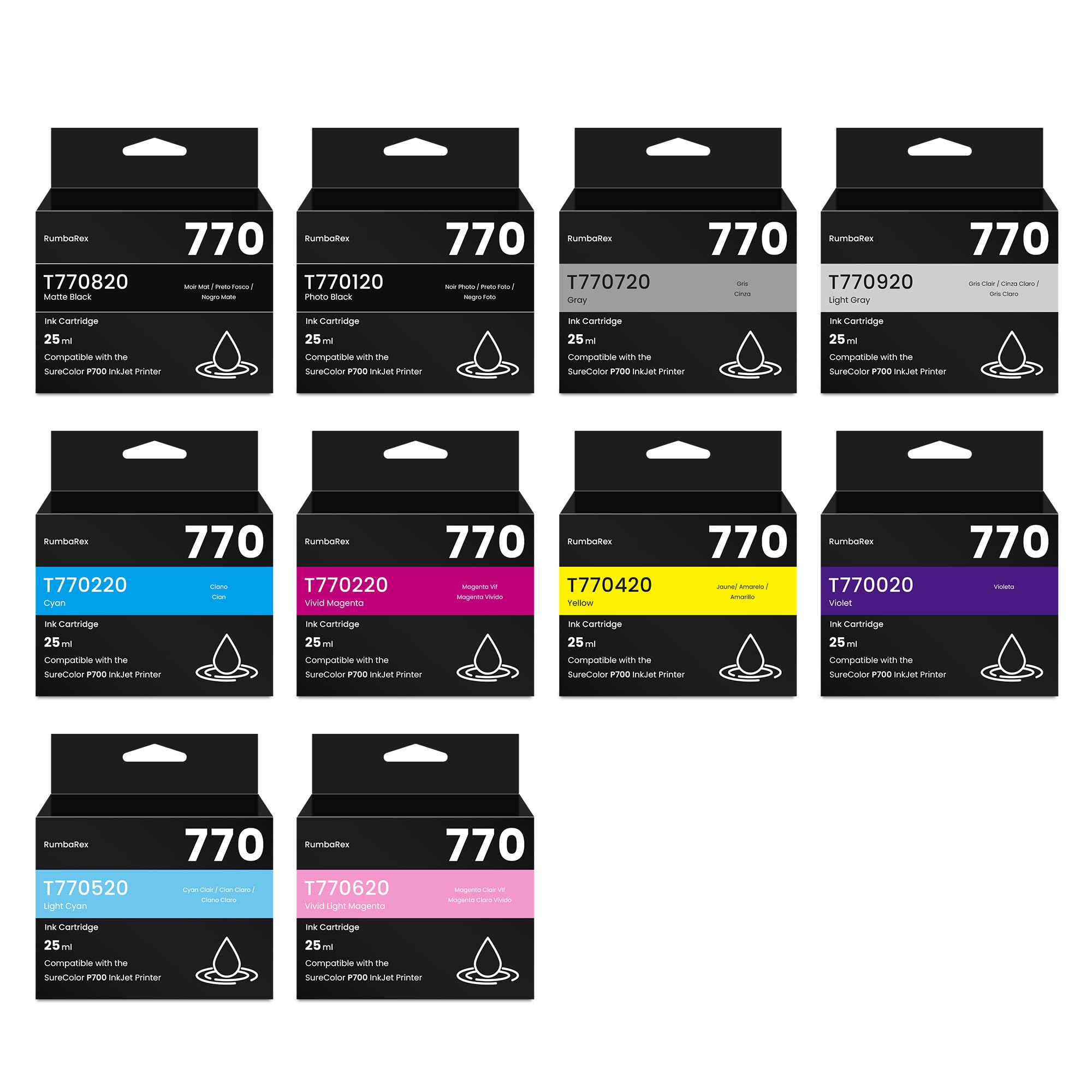 Photo 1 of T770 770 Ink Cartridges P700 Ink Cartridge 10-Colors Remanufactured T770020 T770120 T770220 T770320 T770420 T770520 T770620 T770720 T770820 T770920 Replacement for SureColor P700 SC-P700 Printer Ink