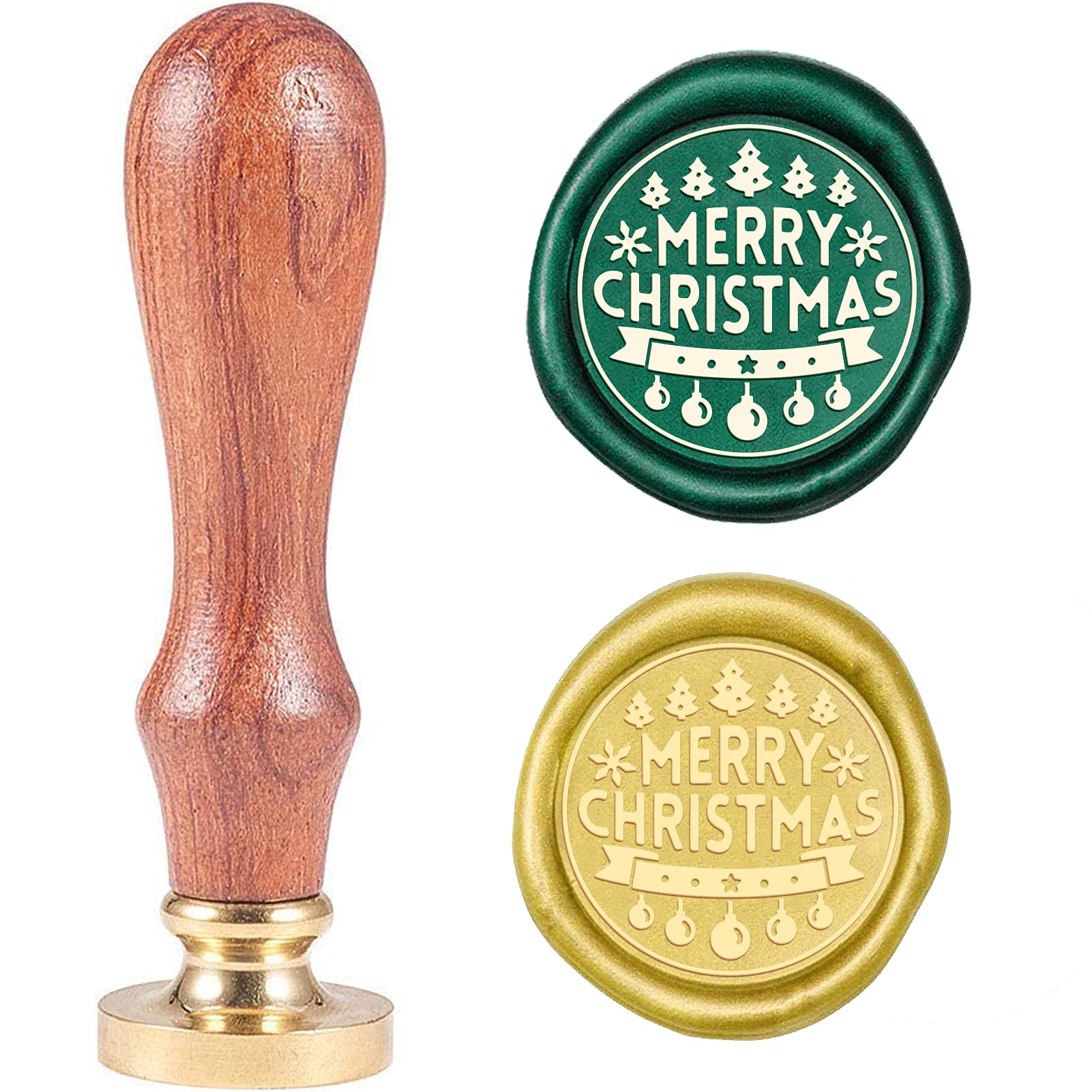 CRASPIRE Merry Christmas Sealing Wax Stamp Tree Xmas Ball X'MAS EVE Brass Head with Wooden Handle for Invitation Envelope Cards Decoration Holiday
