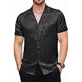 JEMITOP Mens Shiny Satin Silk-Like Designer Shirt Summer Regular Fit Short Sleeve Button Up Floral Shirt with Pocket