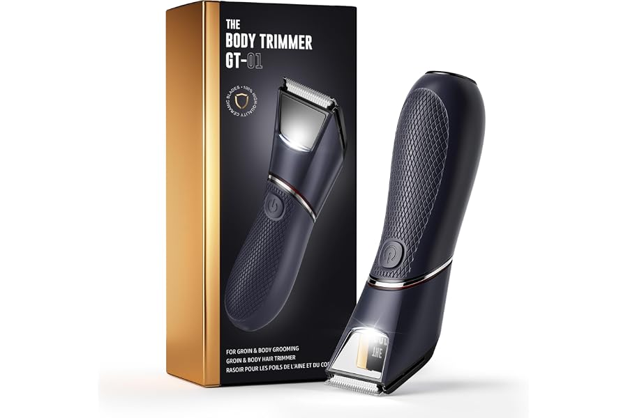 JMJDYITAO Body Hair Trimmer for Men: Mirror & LED Light, IPX7 Wet or Dry | Pubic Hair Ball Trimmer - Ceramic Blade, No Nicks, 1-Hr USB-C Charge, Body Groomer with Travel Lock for Groin/Legs/Chest
