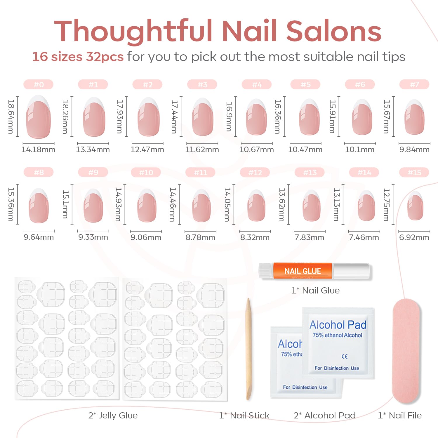 modelones French Tips Press on Nails, 32Pcs 16 Sizes Short Oval Fake Nails Kit Press Ons with Nail Glue, Adhesive Tabs, Nail File, Prep Pad, Manicure Stick - Image 3