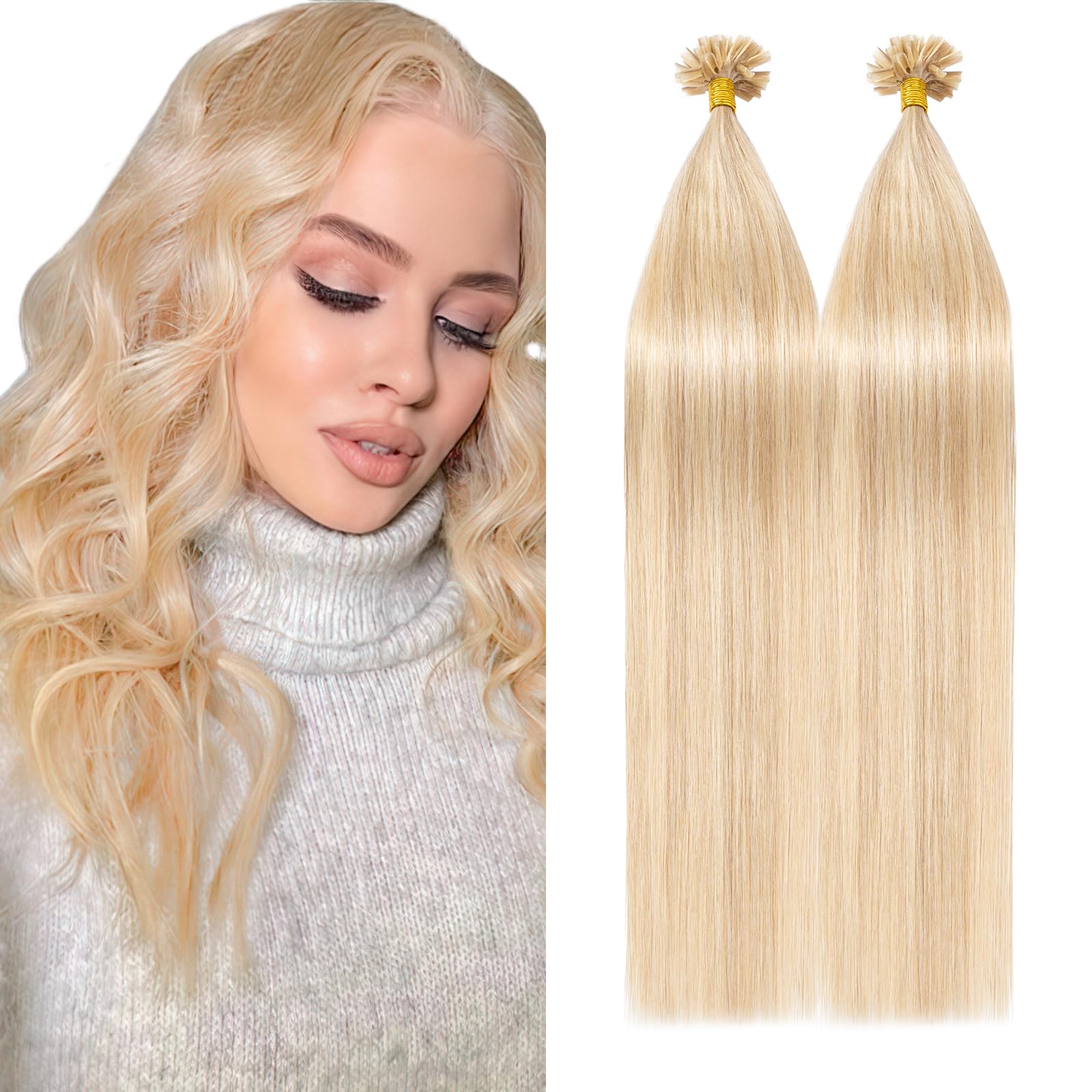 Silk-co U Tip Pre Bonded Hair Extensions Strands Keratin Nail Tip Straight Human Hair Extensions U tip Real Remy Hair 100 Strands Keratin Nail Til 24"-100g #18P613 Ash Blonde&Bleach Blonde — image 1
