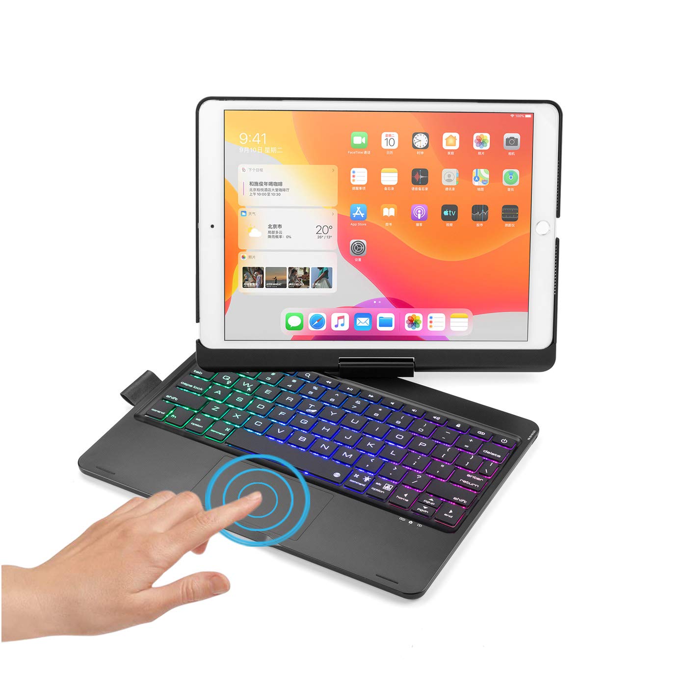 HENGHUI 360° Rotatable Touch Keyboard for iPad 9th 8th 7th Generation, iPad Air 3rd Gen Pro 10.5 inch Backlight Keyboard Built‑in Trackpad, Bluetooth Foldable Keyboard Cover, Black
